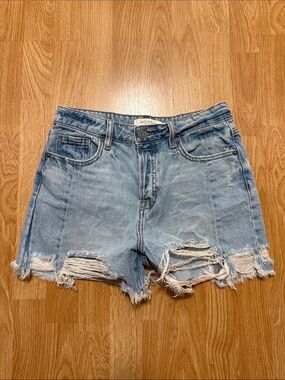 Mid-Rise Light Blue Distressed Denim Shorts
